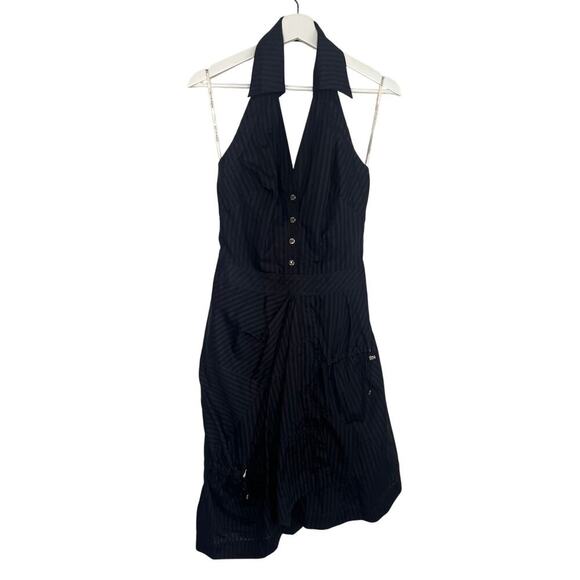 Karen Millen Striped Sleeveless Halter Neck Open Back Mini Dress Black Women's 6 - Picture 2 of 10